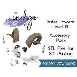 May include: A digital download of STL files for 3D printing of a Jester Lavorre accessory pack, level 10. The pack includes a pair of ram horns, a set of bells, and other accessories. The image shows the 3D printed accessories in various poses.