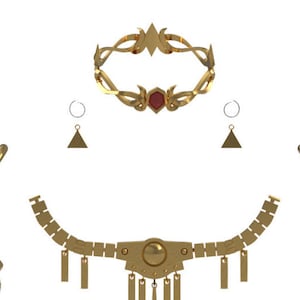 May include: A set of gold jewelry with a crown, necklace, earrings, and bracelets. The crown has a red gem in the center. The necklace has a large pendant with a circular design. The earrings are triangular and the bracelets are cylindrical.