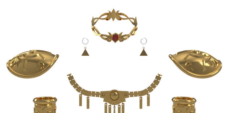 May include: A set of gold jewelry with a crown, necklace, earrings, and bracelets. The crown has a red gem in the center. The necklace has a large pendant with a circular design. The earrings are triangular and the bracelets are cylindrical.