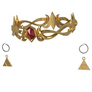 May include: A gold crown with a red gemstone, two gold triangle pendants, and two silver hoop earrings.
