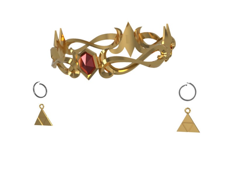 May include: A gold crown with a red gemstone, two gold triangle pendants, and two silver hoop earrings.