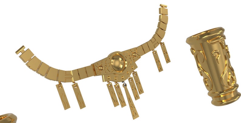 May include: A gold necklace with a large circular pendant and multiple dangling charms. A gold cylindrical object with intricate designs is also pictured.