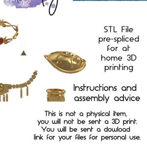 May include: A digital download of a 3D printable model of a golden crown, necklace, and other jewelry pieces. The image includes the text "indigo Props" and "WHAT'S INCLUDED".