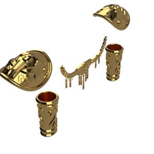 May include: A set of five gold-colored metal pieces with intricate designs. The pieces include a crown, two arm guards, and two pieces that could be used as a belt or a necklace.