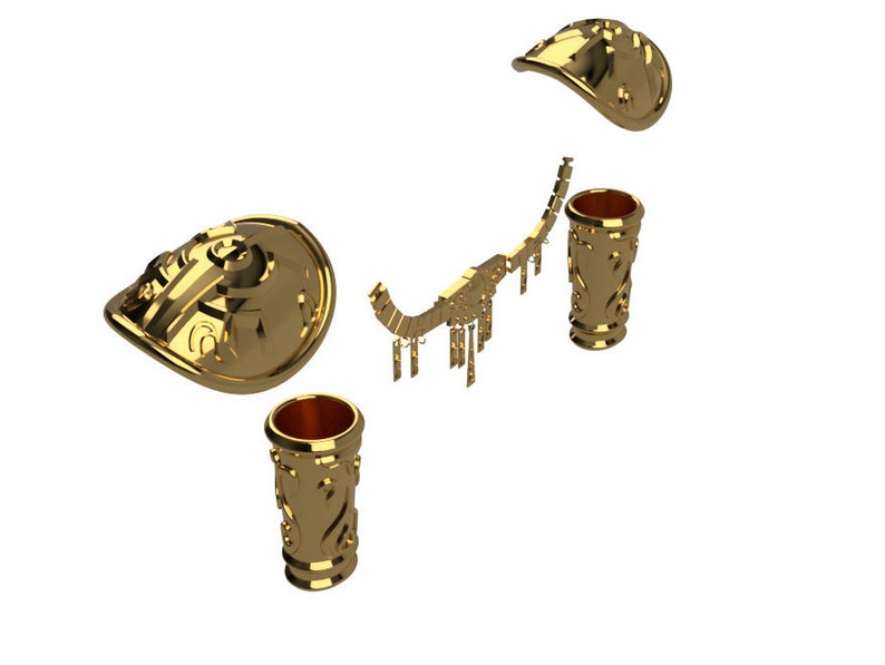 May include: A set of five gold-colored metal pieces with intricate designs. The pieces include a crown, two arm guards, and two pieces that could be used as a belt or a necklace.