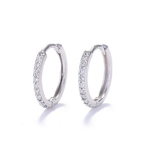 Platinum or Gold Plated925 Sterling Silver pillar Cubic Zirconia Hoop Earrings,14K White Gold Plated Cartilage Piercing Earrings 8mm 10mm 12