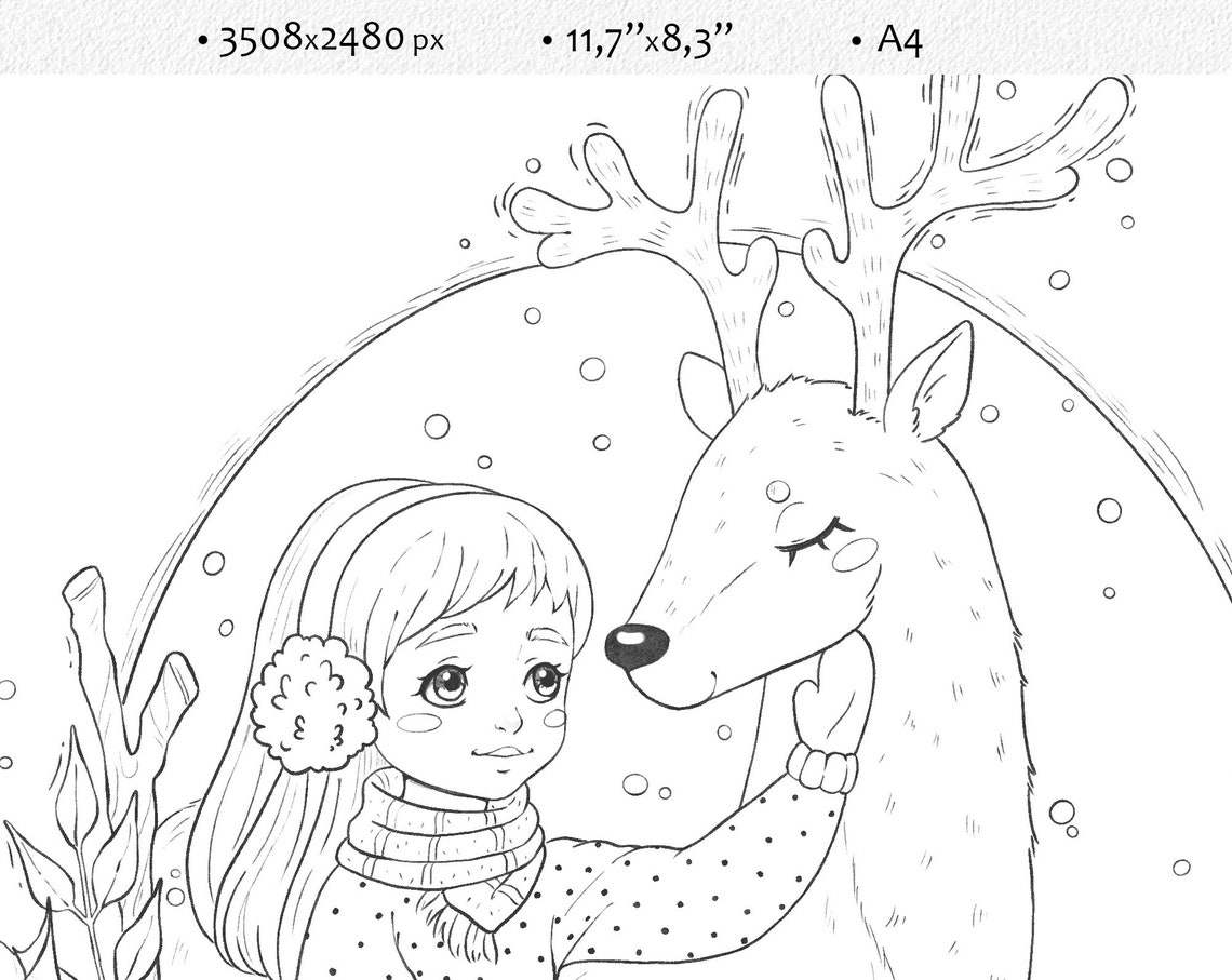 Winter Deer Christmas coloring pages for kids printable | Etsy