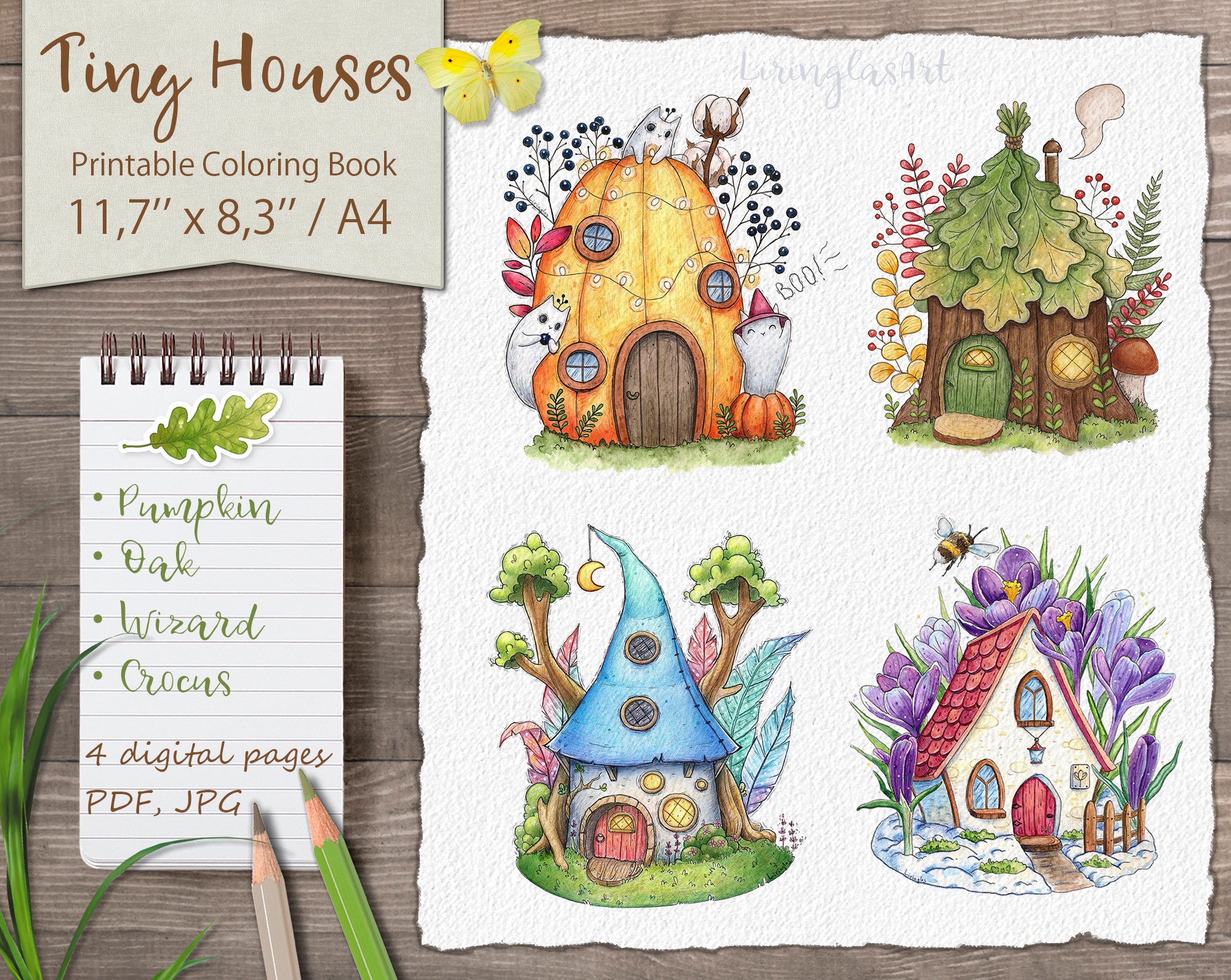 Tiny Houses - Digital adult coloring pages,  printable coloring book …