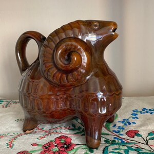 Vintage Sheep Figurine Pottery Decanter & Embossed Incised Detailed Tail handle Cozy Farmhouse Hygge Cottage Made in Ukraine