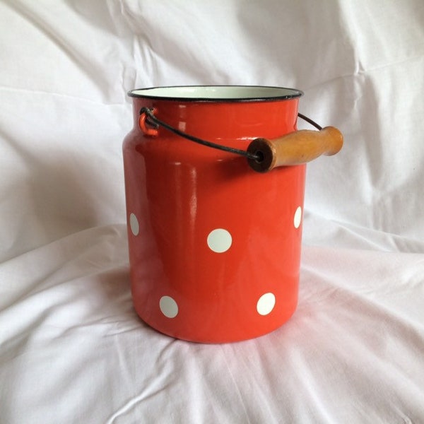 Vintage Soviet Polka Dot Orange Red Enamel Milk Container  Tin Tableware Can Milk Pail,Enamel Bucket, Rustic Home Decor,made in USSR.