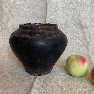 Antique Old clay pot, Wabi Sabi vessel, Rustic clay vase, Antique vessel, Rustic decor, Black clay vase 68
