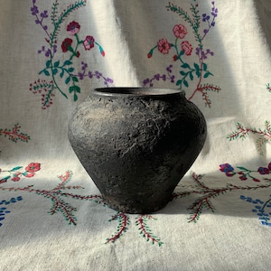 Antique Ukrainian Big Clay Rustic Handcrafted Vintage Clay Vase In Black and Grey with No Handles  101
