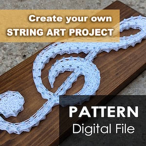 May include: A digital pattern for a string art project featuring a treble clef. The pattern is displayed on a wooden board with white string wrapped around nails.