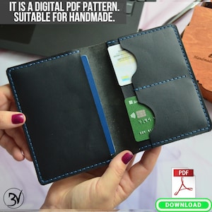 May include: A black leather wallet with blue stitching and two card slots. The wallet is open and shows a credit card and a driver's license inside. The text "IT IS A DIGITAL PDF PATTERN. SUITABLE FOR HANDMADE." is at the top of the image. The text "PDF DOWNLOAD" is at the bottom of the image.