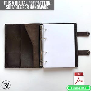 May include: A brown leather bound notebook with a ring binder and a pocket on the front cover. The notebook is open to a blank white page. The text "IT IS A DIGITAL PDF PATTERN. SUITABLE FOR HANDMADE." is at the top of the image. The text "PDF" and "DOWNLOAD" are at the bottom of the image.
