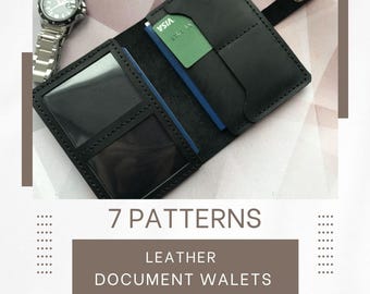 May include: Black leather document wallet with two clear plastic card slots and a pocket for a credit card. The wallet is open and shows the interior. The text "VISA" is visible on the credit card. The text "7 PATTERNS LEATHER DOCUMENT WALETS" is visible below the wallet.