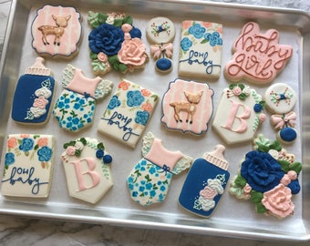 TWO Dozen Baby Girl Pink & Navy Blue Baby Shower Cookies | Deer and Floral Baby Shower Cookies | Baby Girl Cookies