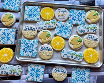 TWO dozen Lemon with White and Blue Italian Tile Bridal Shower Cookies! | Wedding Shower Cookies