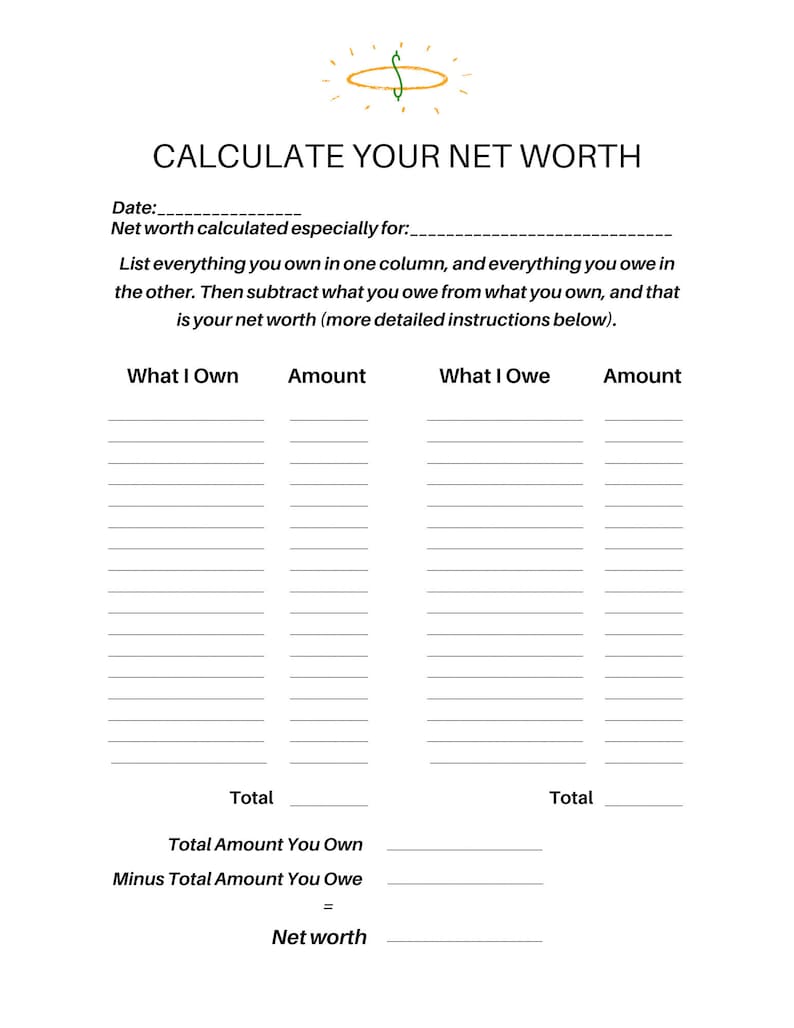 Printable Net Worth Calculator Worksheet, Fillable PDF Net Worth Calculator, 2 Pages, US Letter