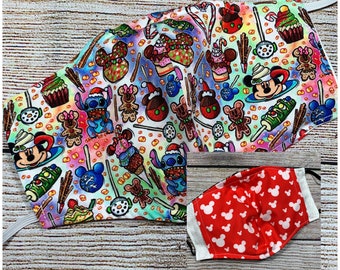 Christmas Snacks Castle Holiday Disney Face Mask with Filter Pocket Nose Wire Cotton Handmade in the USA Mickey Minnie