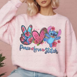 Peace Love Stitch PNG, Cute Stitch Digital Download, Floral Stitch Graphic, Cartoon Stitch Art, Sublimation DTF Instant Download