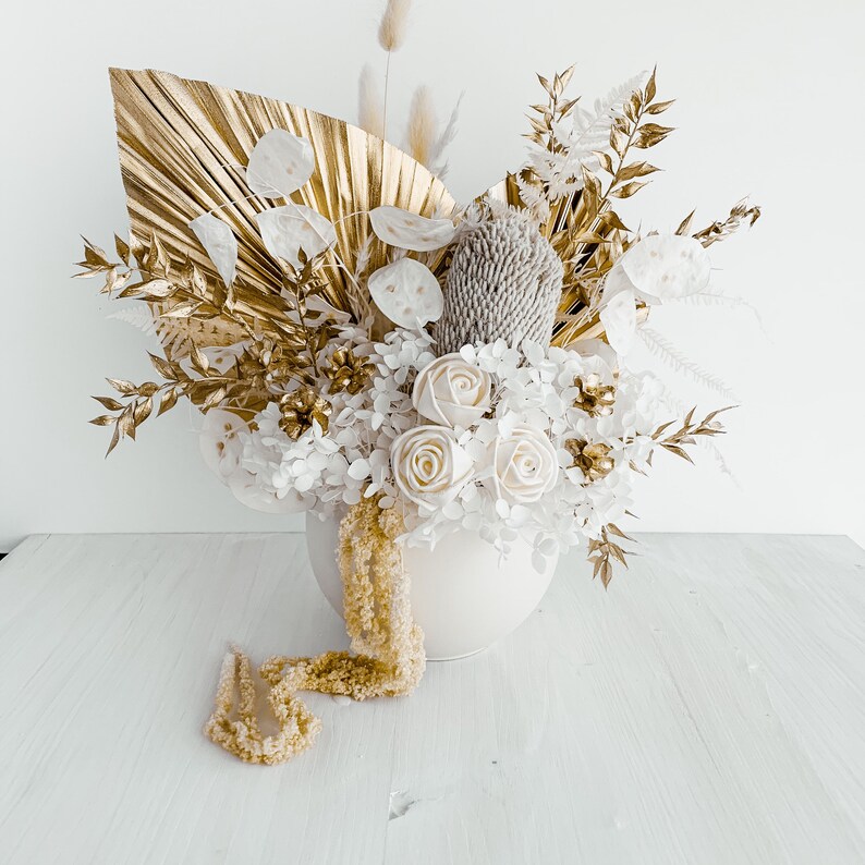 Gold Dried Flowers Arrangement Boho Coastal Style Dried Palm Etsy