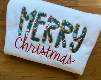 Merry Christmas Applique Sweatshirt - Christmas Sweatshirt - Holidays - Embroidered - Gildan