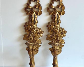 Apliques de pared vintage Syroco dorados estilo MCM, juego de 2, decoración de pared Hollywood Regency