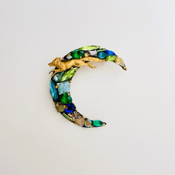 Crescent Moon Brooch Brass Fox Vintage Glass Stones Shell Handmade by Annie Sherburne