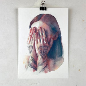 Verstecken Sie mich Aquarell Druck tätowierte Mädchen Kunst Illustration Wand-Dekor feminine Kunst Tattoo-Kunst-Druck