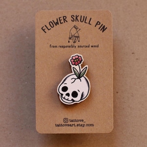 SKULL FLOWER PIN Cute Spooky Wooden Badge Halloween Goth Pin Eco Friendly Kawaii Brooch Skeleton Accessory Gift