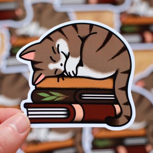 Pode incluir: Um autocolante com um gato de desenho animado a dormir numa pilha de livros. O gato é castanho com riscas escuras e marcas brancas. Os livros são em tons de castanho e laranja. O autocolante é segurado por uma mão.