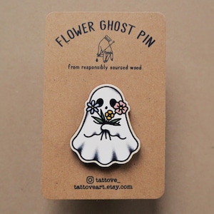 FLOWER GHOST PIN Wooden Brooch Spooky Gift Cute Ghost Jewelry Accessory Christmas Gift
