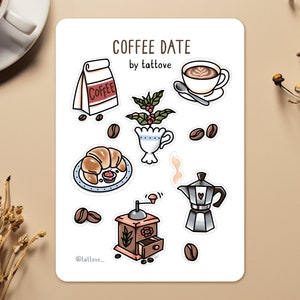 Feuille d'autocollants Coffee Date A6 - Amateurs de café - Illustrations de café - Stickers pour carnet et agenda