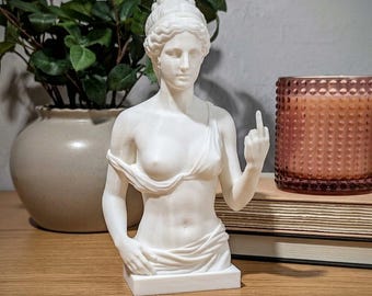 May include: A white bust sculpture of a classical figure with an updo hairstyle, wearing a draped garment that leaves the shoulders bare. The figure is positioned with one arm raised, extending the middle finger in a distinct gesture.