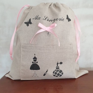 sac pochette rangement lingerie en lin pailleté personnalisable.                 modèle Athenais