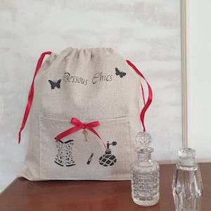 sac pochette rangement lingerie en lin pailleté personnalisable.                 modèle Pompadour