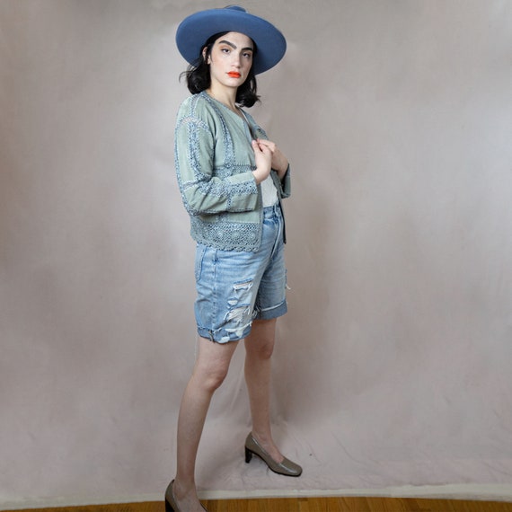 Vintage Suede And Crochet Cardigan With Flared Sle