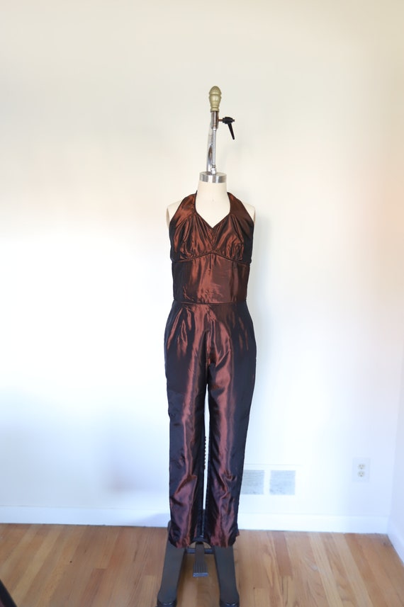 80s Vintage Bronze Taffeta Jumpsuit With Swing Ja… - image 2