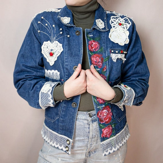 Vintage Denim Jacket With Hand Painted Flowers and