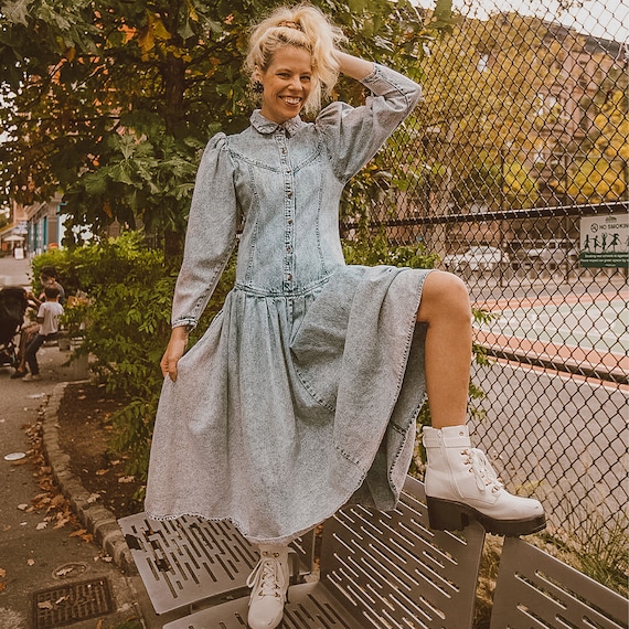 80s style Acid Wash Denim Dress