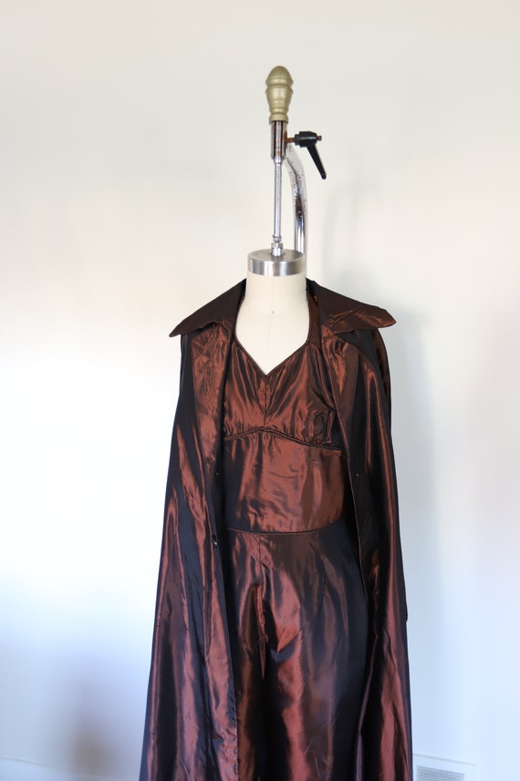 80s Vintage Bronze Taffeta Jumpsuit With Swing Ja… - image 3