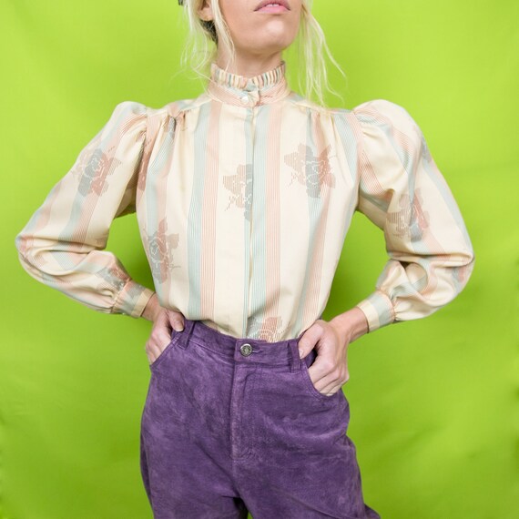 Vintage Ruffle Collar Puff Sleeve Floral Blouse