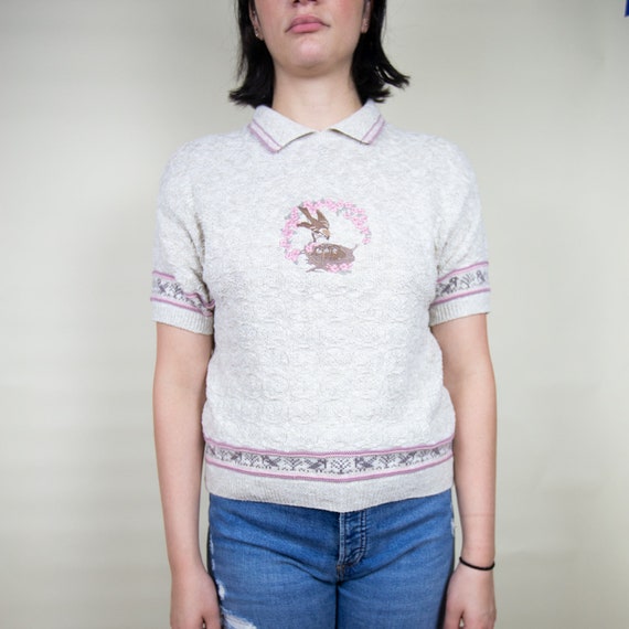 Collared Short Sleeve Bird Sweater