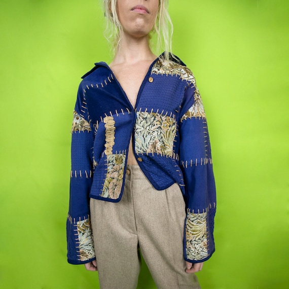 Vintage Patchwork Button Up Mix Media Sweater