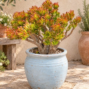 May include: A Crassula ovata 'Gollum' succulent plant with tubular, green leaves tipped in vibrant orange and red. The plant features a thick, woody stem and is potted in a round, light blue ceramic planter with a weathered, textured finish.