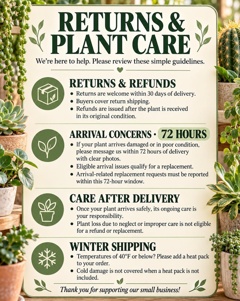 May include: A rectangular sign with a cream background and dark green text titled RETURNS & PLANT CARE. It outlines policies for returns, arrival concerns within 72 hours, care after delivery, and winter shipping for temperatures of 40&deg;F or below.