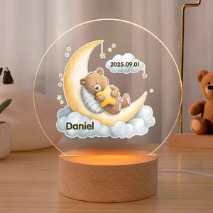 Personalised Moon Stars Cute Animals LED Night Light With Name Date And Wooden Base Nursery Decor Birthday Baby Shower Gift For Kids.