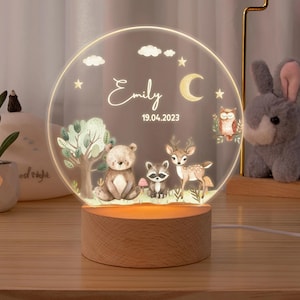 Personalised Cute Forest Animals Acrylic LED Night Light with Name and Wooden Base Nursery Decor Baby Shower Birthday Gift For Boys Girls.