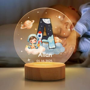 Personalised Astronaut Planet Cloud Rocket Star Initial Acrylic LED Night Light with Name and Wooden Base Birthday Baby Shower Gift For Kids